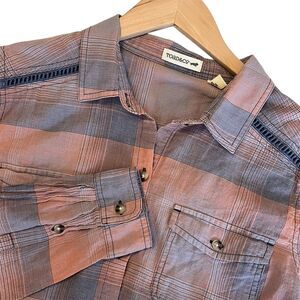 Toad & Co Womens Airbrush Deco Shirt Size L Outdoor Hiking Plaid Sustainable